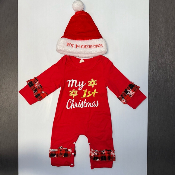 Baby girl My 1st Christmas Jumpsuit 90 Red 9-12 months with Santa Hat Christmas - Picture 5 of 8